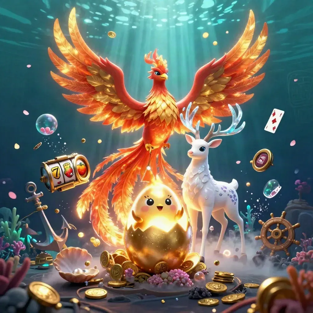 Phoenix, hatchling, and crystal stag in a gold treasure cove underwater splash scene.