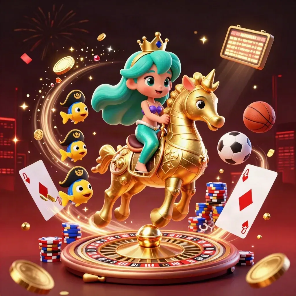 Mermaid princess on golden seahorse with pirate fish, coins, cards, chips, and sports icons