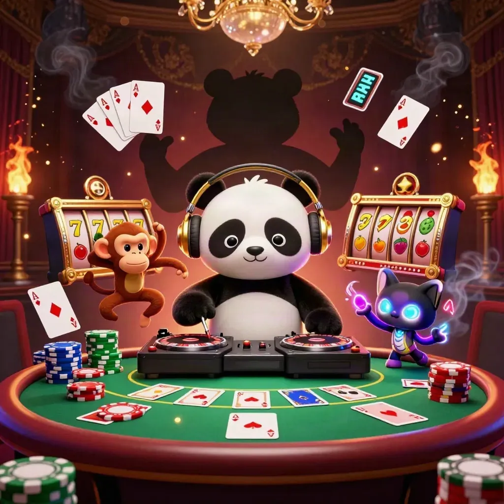 DJ panda, breakdancing monkey, and glow-stick kitten in a luxe casino burst with roulette turntables
