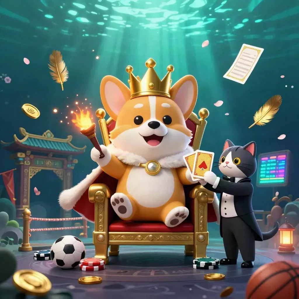 Royal corgi and cat butler in a gold casino scene with chips, coins, and sports props.