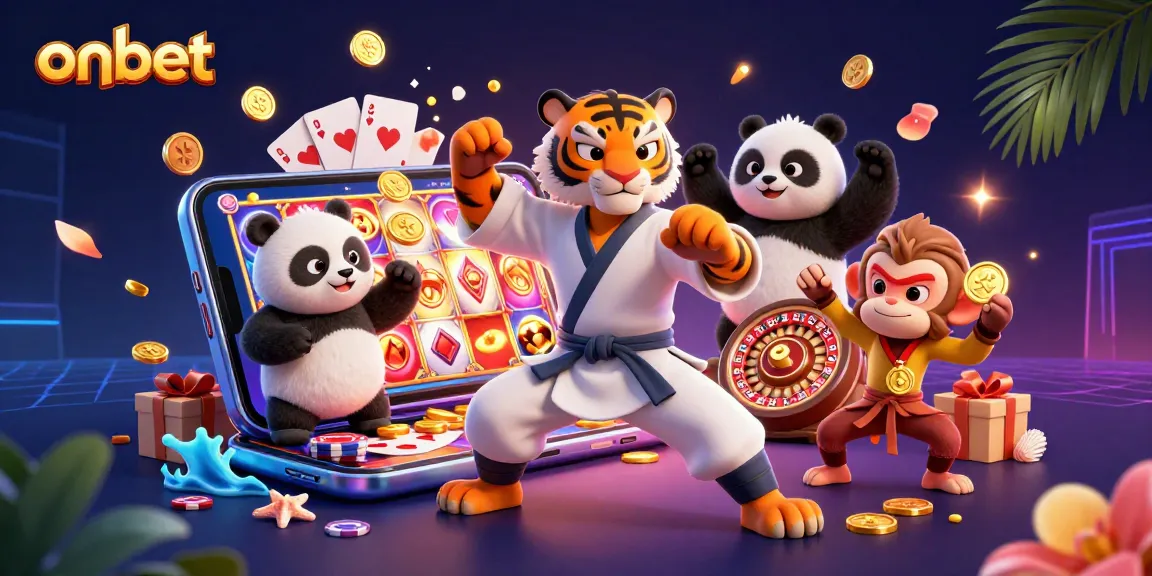Engage with onbet's exciting gameplay as a kung fu tiger and friends showcase vibrant casino fun.