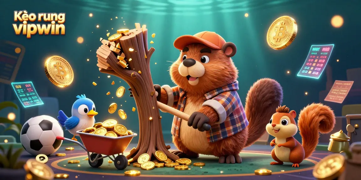 Kèo rung vipwin captures the excitement of sports betting with characters joyfully collecting gold coins amidst dynamic sports elements.