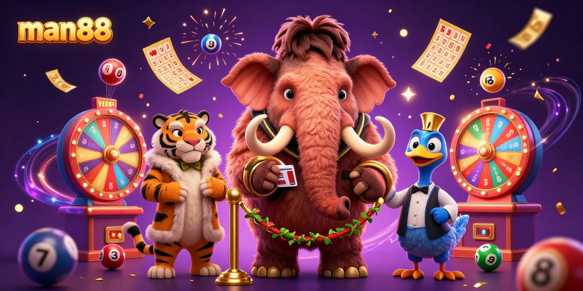 Experience man88 with dynamic casino characters amidst vibrant lottery elements and rich visual effects.