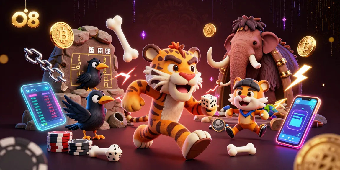 O8 transforms the gaming scene with playful caveman characters running a vibrant casino full of crypto elements.