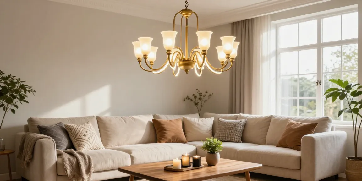 Candelabru living elegant în living modern, evidențiind detalii rafinate și atmosferă caldă.