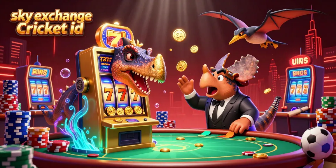 Engage with exciting sky exchange Cricket id visuals while a dinosaur interacts with a jackpot machine in a vibrant casino.