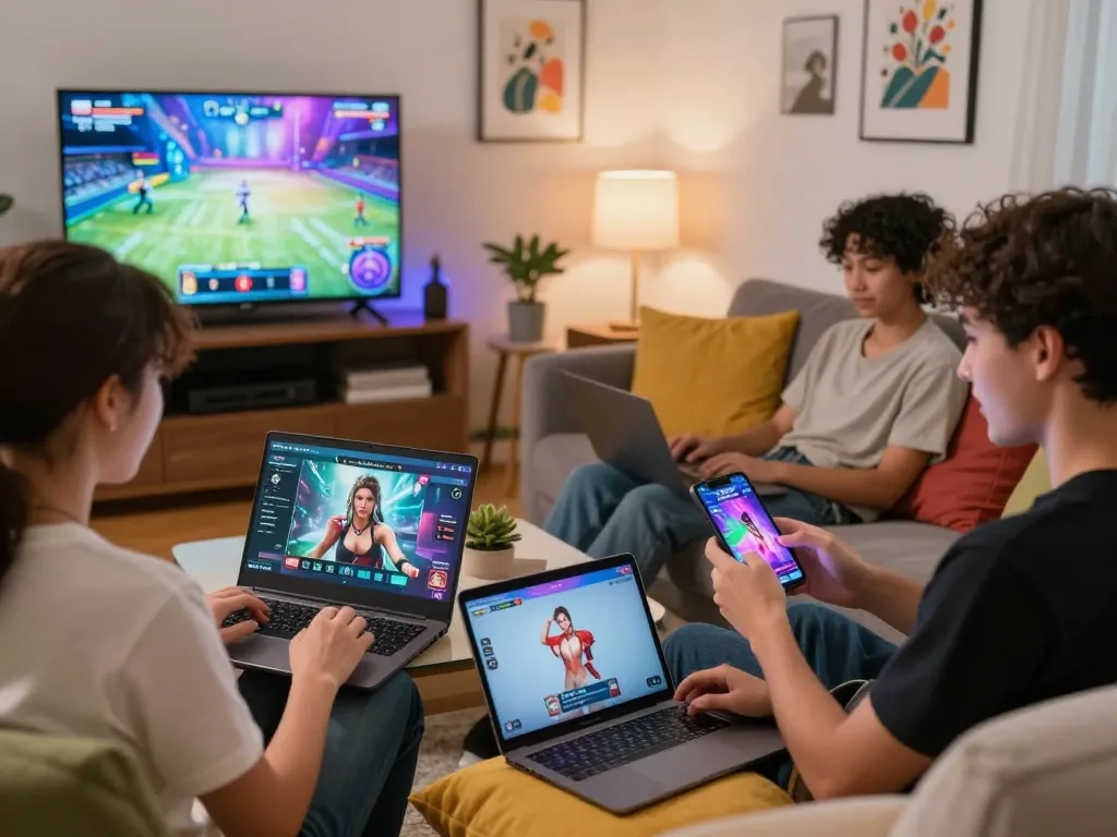 Players enjoying online porn games in a cozy gaming environment with laptops and tablets.