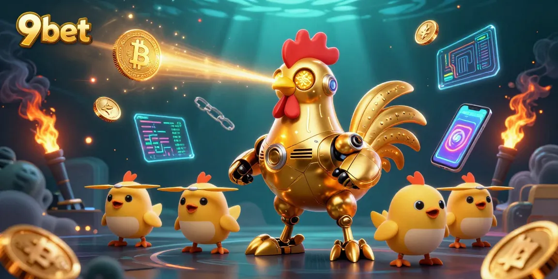 Engage with 9bet's thrilling crypto casino adventure featuring golden rooster robots and neon coins.