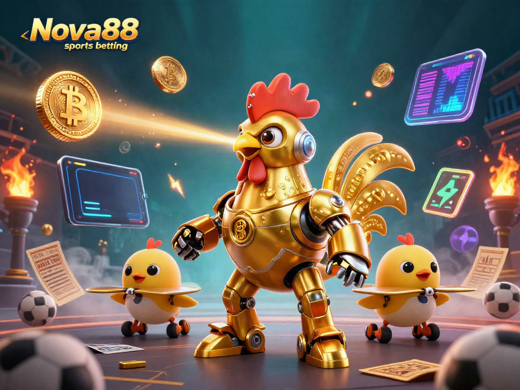 Engage in Nova88 sports betting with a dynamic, vibrant 3D scene featuring a golden rooster robot and sports elements.