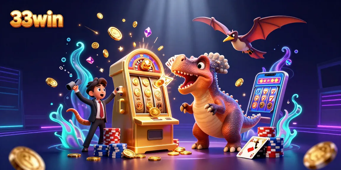 Experience thrilling slots action with 33win featuring a papercraft dinosaur and jackpot excitement.