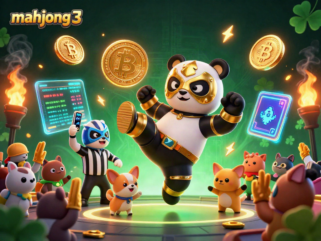 Engage in mahjong 3 gameplay with a lively panda wrestler amidst vibrant casino action.