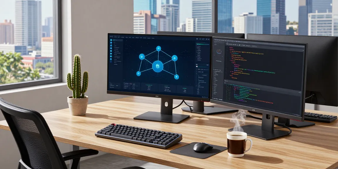 快连 network optimization interface displayed on a modern developer's desk, highlighting advanced technology in a vibrant workspace.