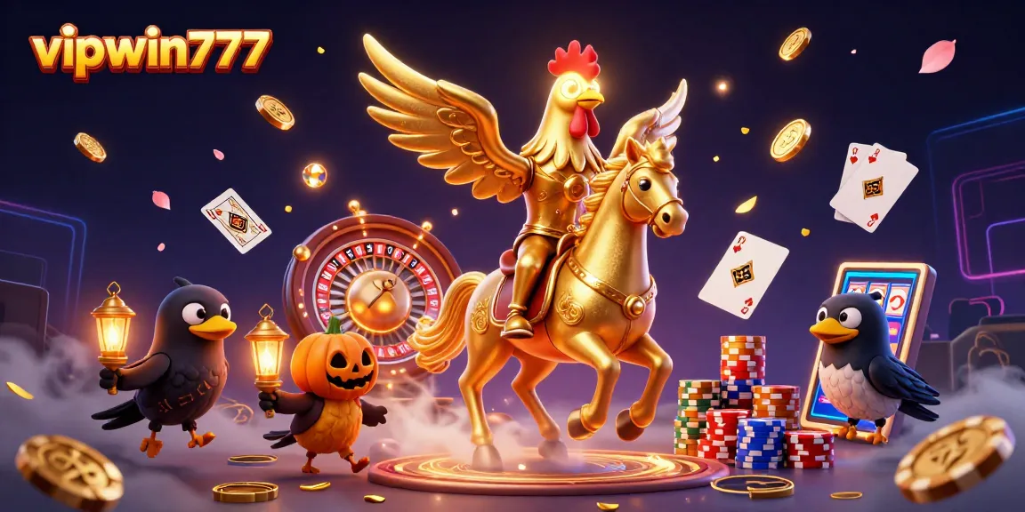 Win big at vipwin777 with a vibrant 3D illustration of a golden rooster in a fantasy casino setting.