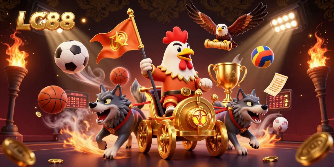 Engage with LC88's dynamic casino world, featuring a rooster warlord and vibrant sports action.