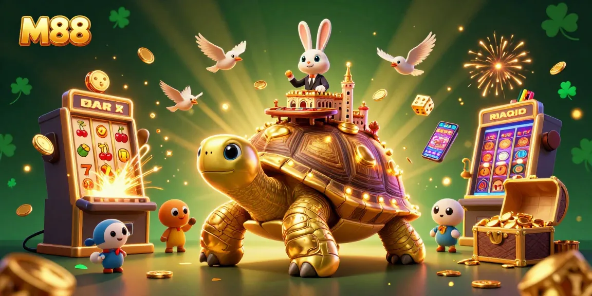 Experience winning at M88 with giant tortoise casino scene filled with vibrant games and excitement.