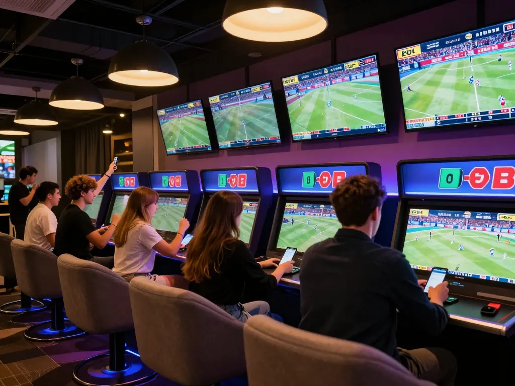 Betting on sports at Vin88 with multiple screens showing live events and interacting bettors