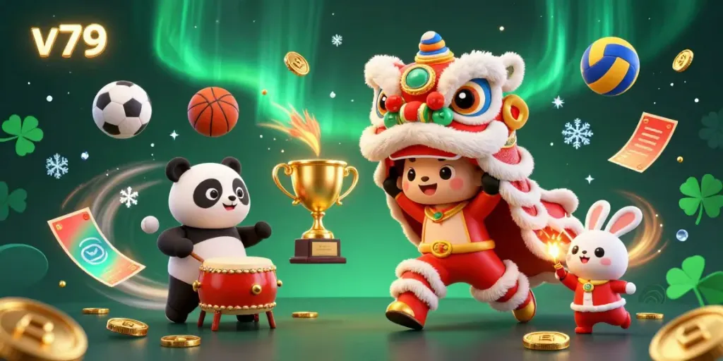 Experience the excitement of v79 with a vibrant scene of a lion dance and sports betting energy.