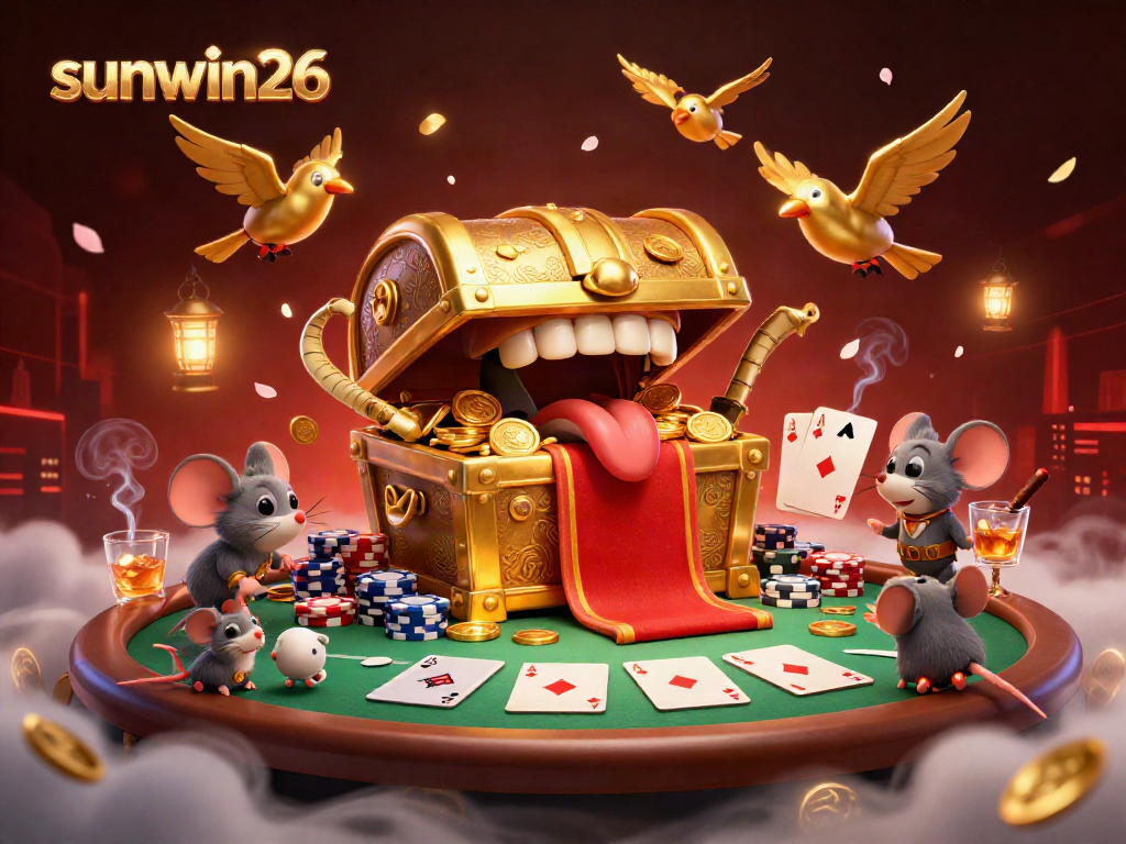 Experience thrilling poker action with sunwin26, featuring a treasure chest and poker elements in a vibrant casino scene.