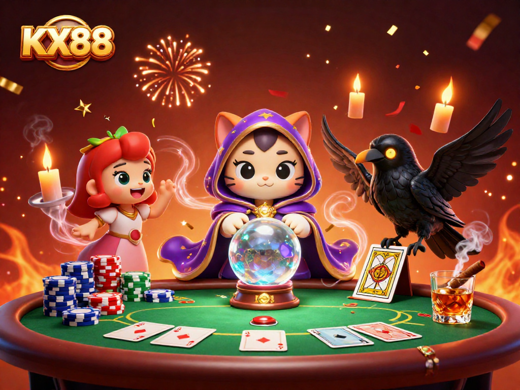 KX88 players engage with a vibrant poker scene featuring mystical characters and intense gaming elements.