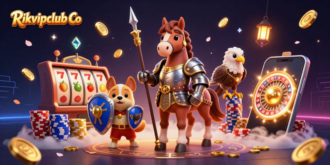 Engaging 3D illustration featuring Rikvipclub Co with knights, coins, and vibrant slot machines.