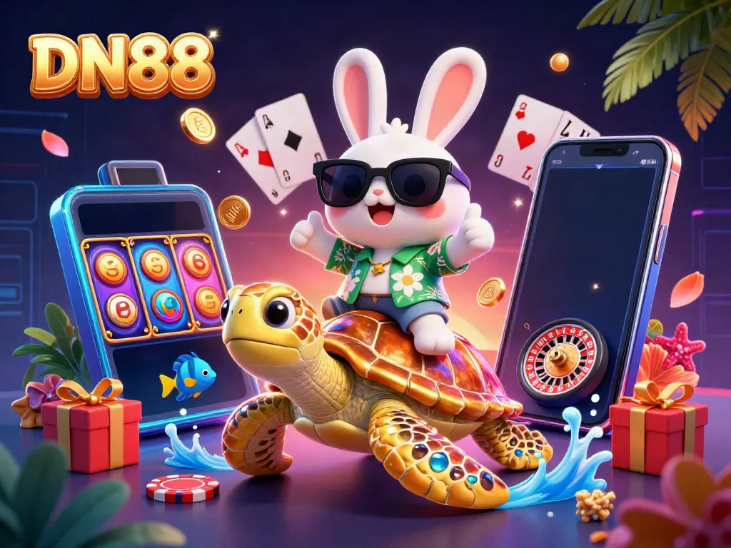 Experience thrilling games at DN88 with a vibrant scene of a lucky rabbit and golden turtle amidst casino elements.