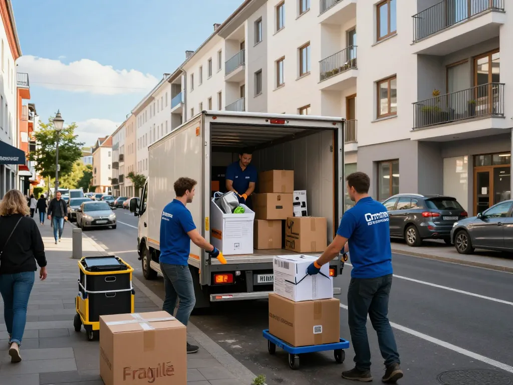 Professionelle Umzugshelfer von umzugsunternehmen Hannover laden Kisten in einen Truck in einer sonnigen städtischen Umgebung.