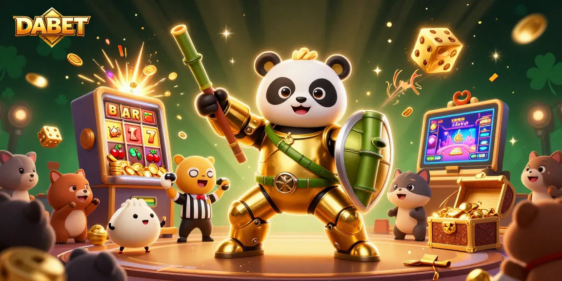 DABET offers thrilling gameplay with a mech-suit panda amidst slot machines and gold coins.