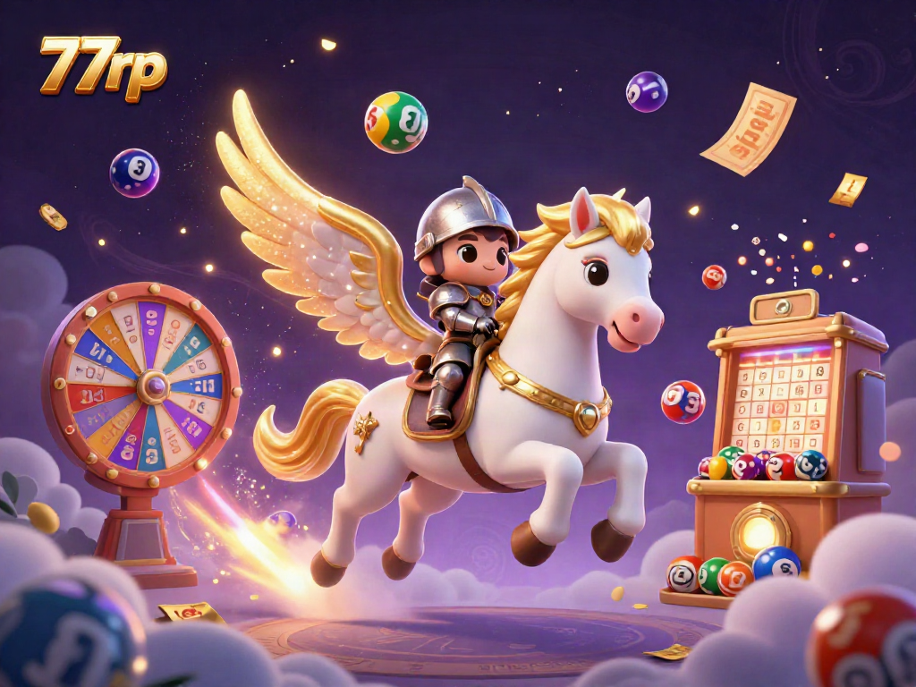 Experience thrilling gaming at 77rp with vibrant lottery elements and a playful celestial horse.