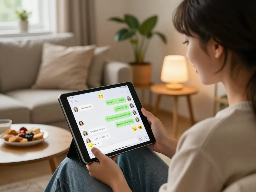 Interactive AI gf chatting on a tablet in cozy living room, showcasing modern companionship and technology.
