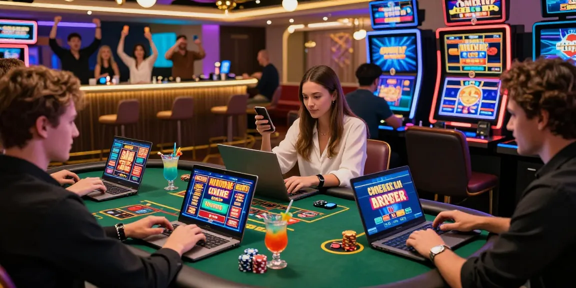 Engaged players enjoying non UK licensed casinos, surrounded by vibrant gaming screens and casino atmosphere.