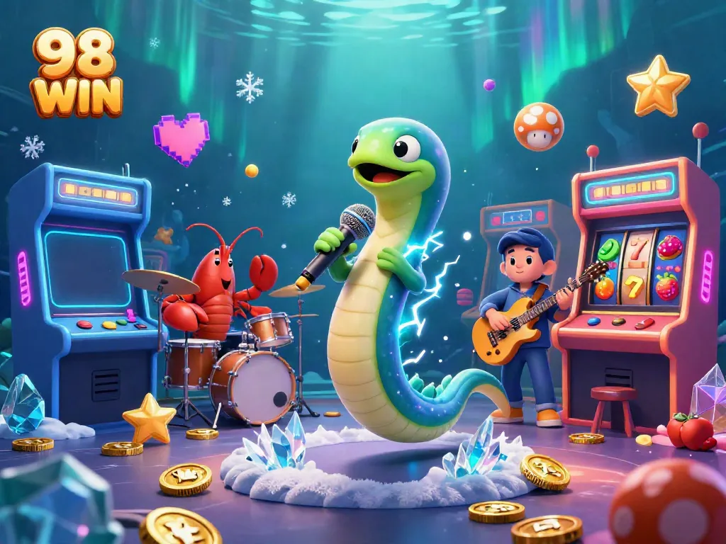 Engage with vibrant underwater casino scene featuring 98 WIN surrounded by colorful game elements and characters.