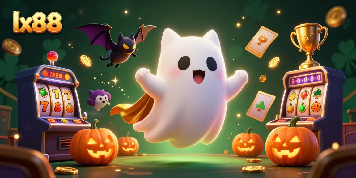 Spin and win at lx88 with a friendly ghost cat in a lively haunted casino setting.
