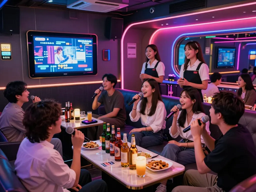 매력적인 매니저, 화려한 조명, 프리미엄 음료와 함께 활기찬 노래방 밤을 즐기는 인천쓰리노 경험자들.