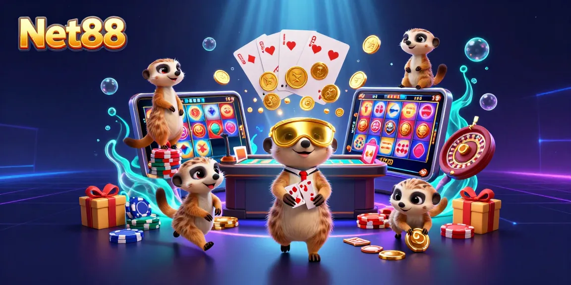Experience the vibrant world of Net88 through a colorful 3D meerkat casino scene with gaming action.