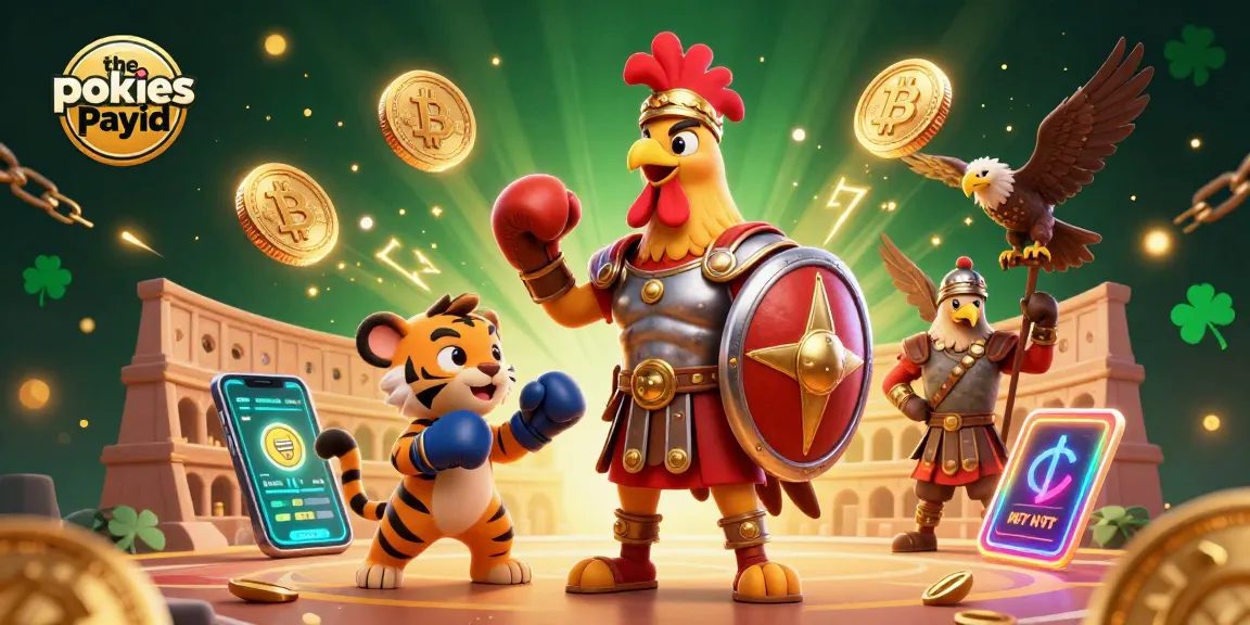The pokies payid shines in this vibrant 3D casino illustration featuring a gladiator rooster, a tiger cub, and an eagle, surrounded by crypto-themed elements.