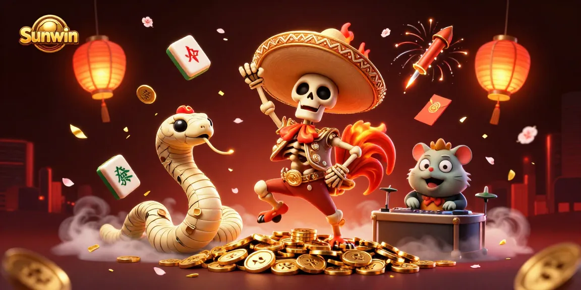 Sunwin showcases a vibrant casino scene with a victorious rooster, mummy snake, and DJ hamster amidst festive symbols.