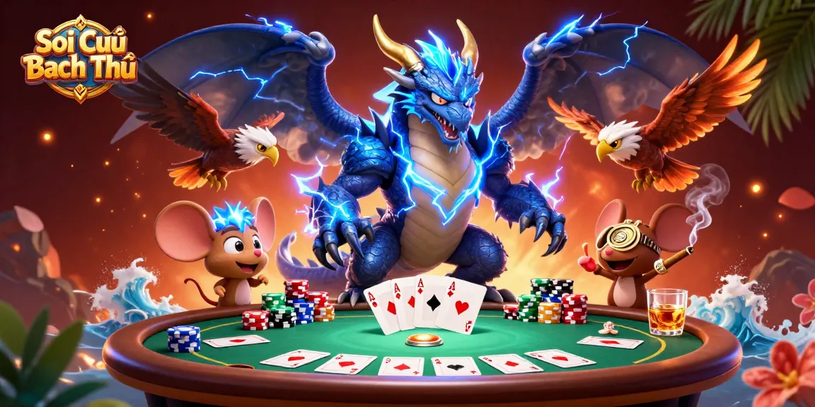 Soi Cầu Bạch Thủ showcases a thrilling poker scene with dynamic characters and vibrant casino elements.