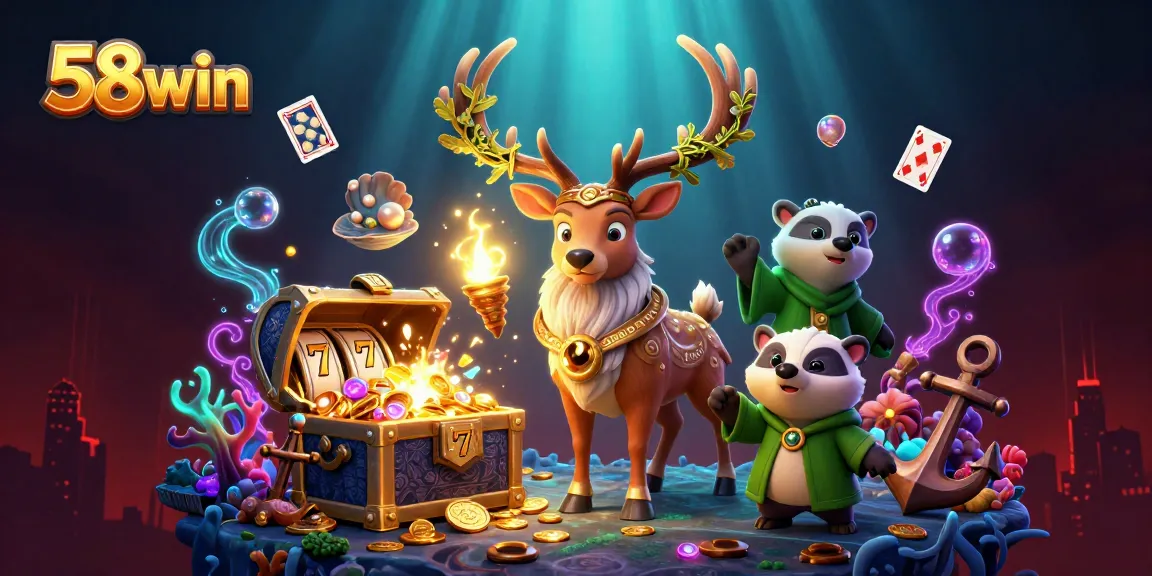Win big at 58win in this vibrant 3D illustration showcasing exciting casino action.