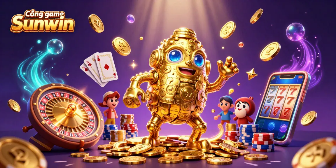 Cổng game Sunwin features a golden golem surrounded by sparkling casino bonuses and vibrant game elements.