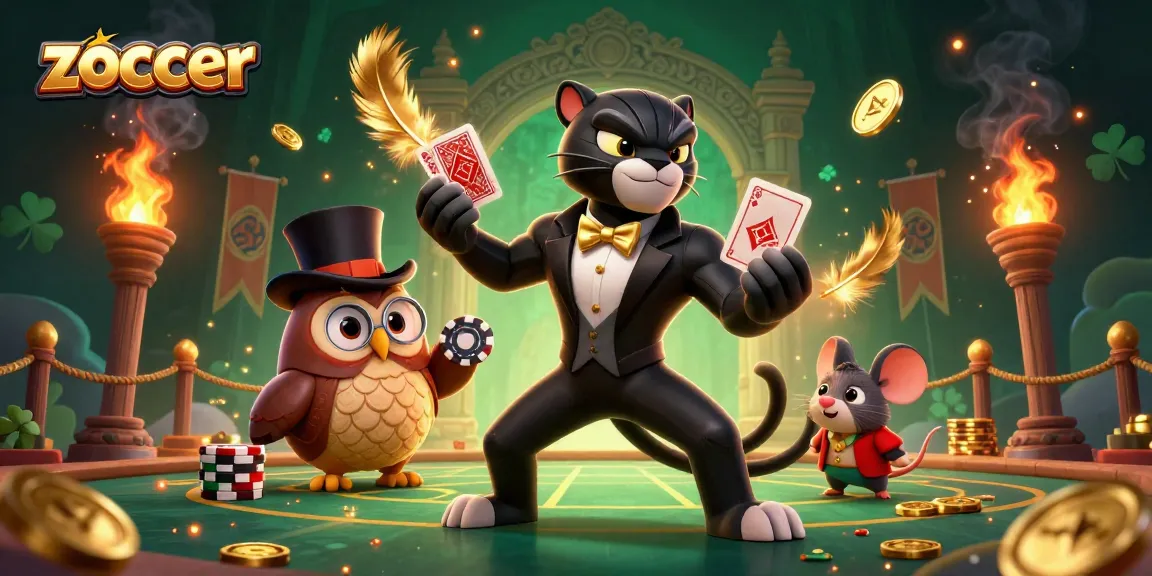 Experience thrilling gameplay at Zoccer Casino with charming characters dealing cards and surrounded by poker chips.