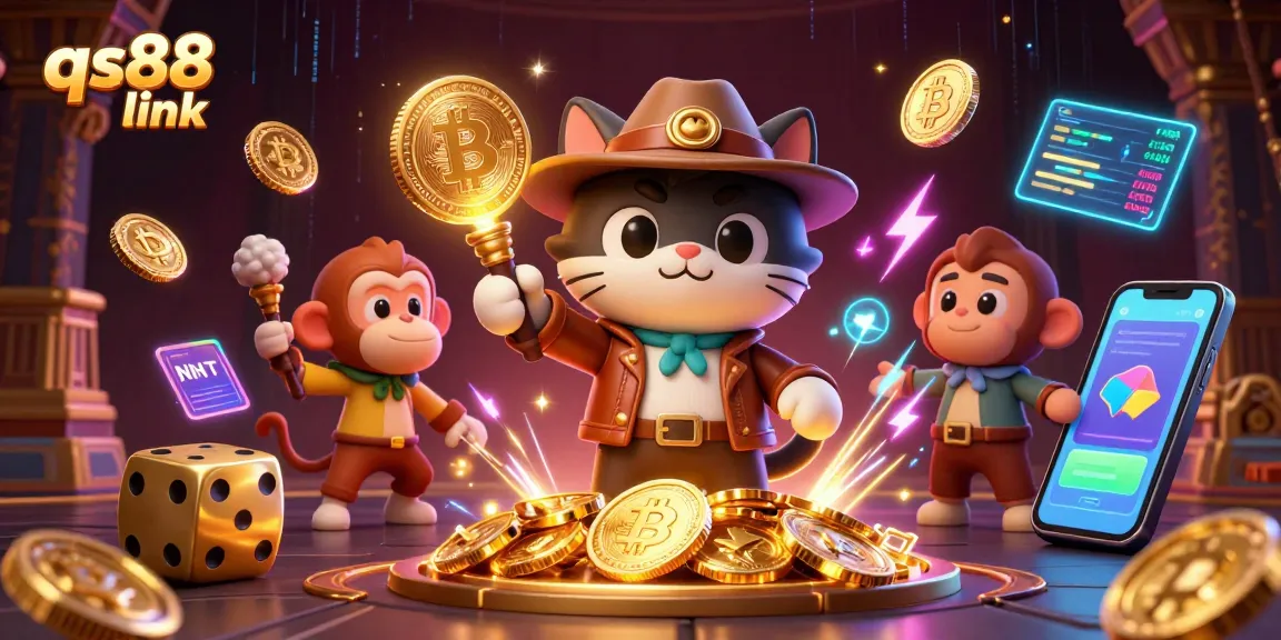Engage with qs88 link as a 3D archaeologist cat uncovers casino treasures amidst vibrant crypto elements.
