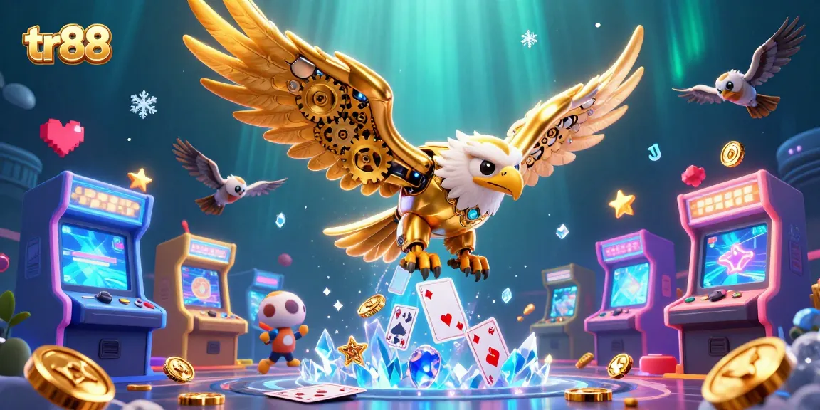 Experience the thrill of TR88 casino with a golden eagle navigating through vibrant gaming elements and holographic cards.