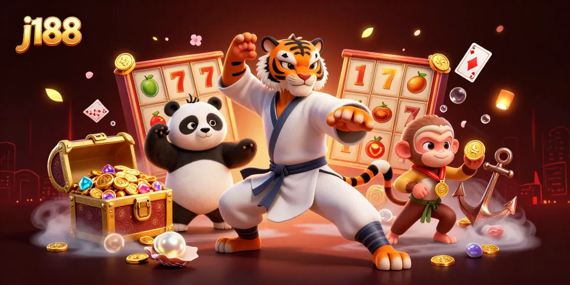 Spin and win with j188 as the kung fu tiger showcases his skills among vibrant casino treasures.