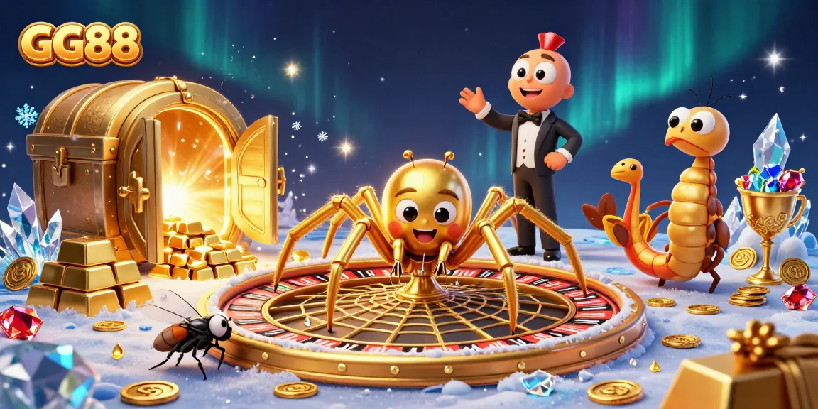 GG88 features a fly nervously betting at a roulette wheel web spun by a golden spider, creating an exciting casino atmosphere.