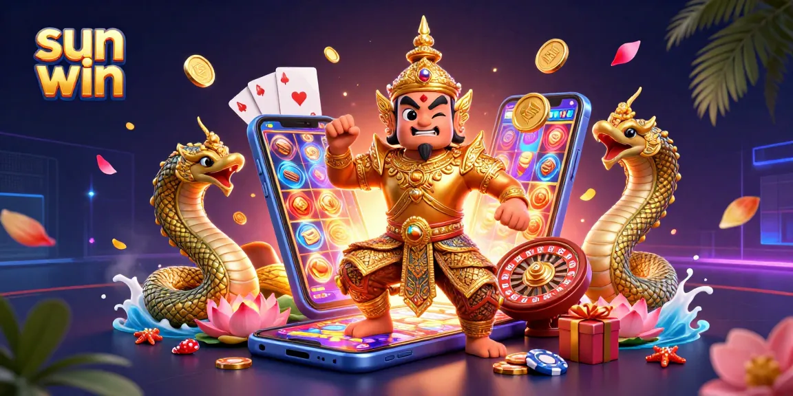 Experience thrilling wins with sun win in this vibrant 3D illustration showcasing exciting casino elements.