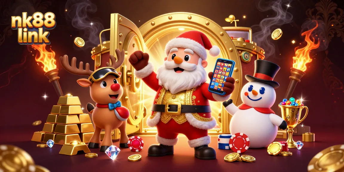 Spin & win with nk88 link – vibrant Santa theme jackpot slot scene featuring gold treasures.