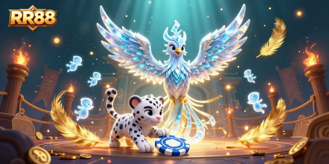 Join the excitement at RR88 with a vibrant 3D scene featuring an ice phoenix and playful ice sprites in a lively casino.