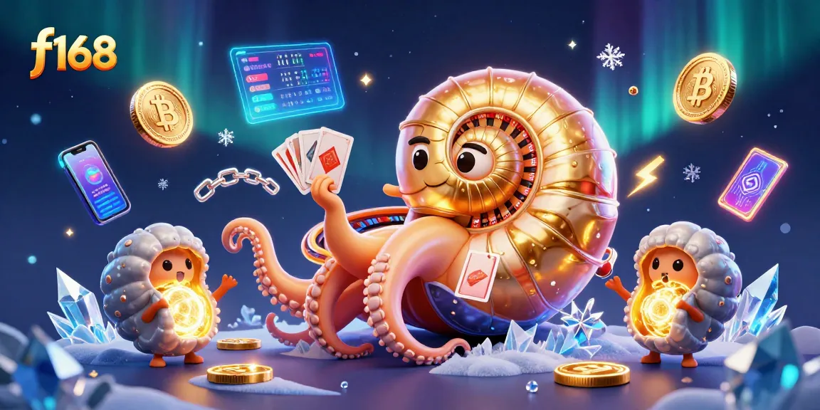 Win big with f168 at this vibrant casino-themed scene featuring ancient nautilus characters and cryptocurrency elements.