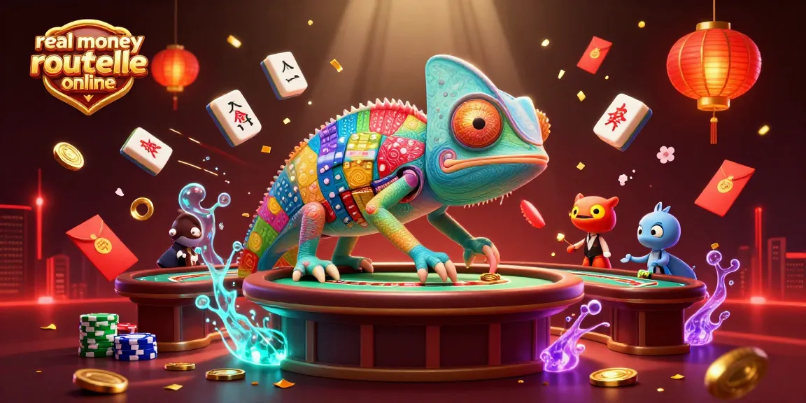 Engage in real money roulette online with a vibrant casino scene featuring a colorful chameleon owner.