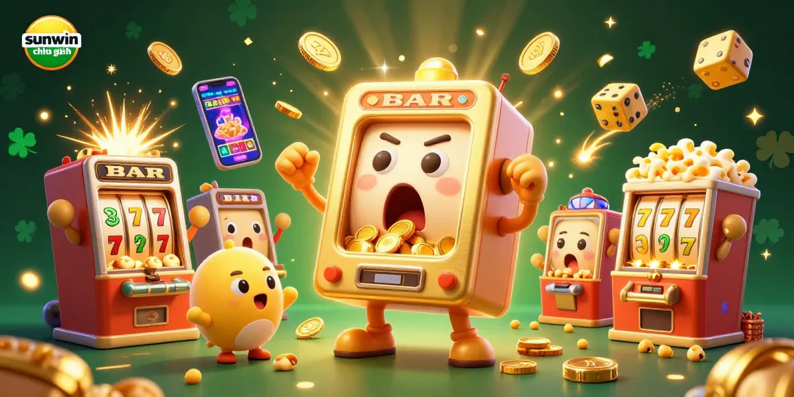 Experience the thrill of luck with sunwin chính hãng, featuring a 3D golden slot machine hitting a jackpot amidst vibrant casino elements.